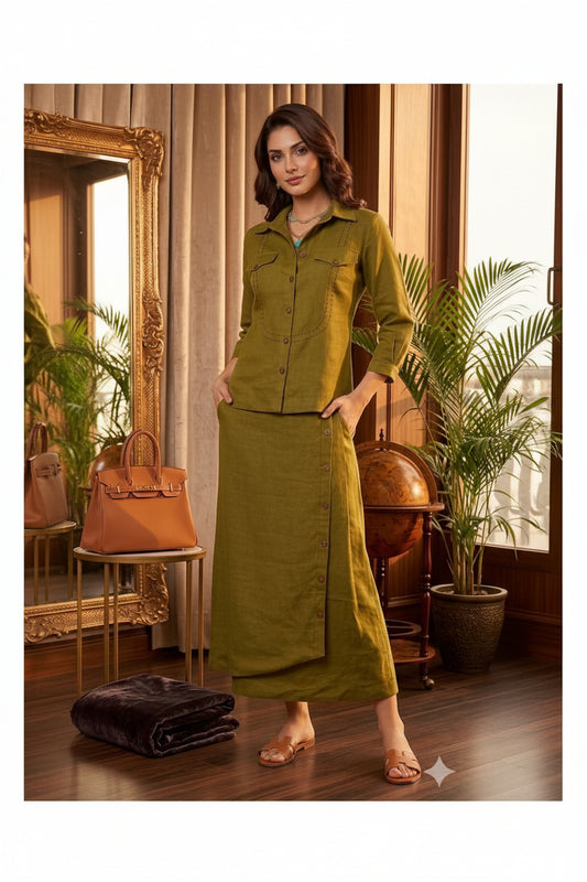Olive green co-ord set with wooden buttons