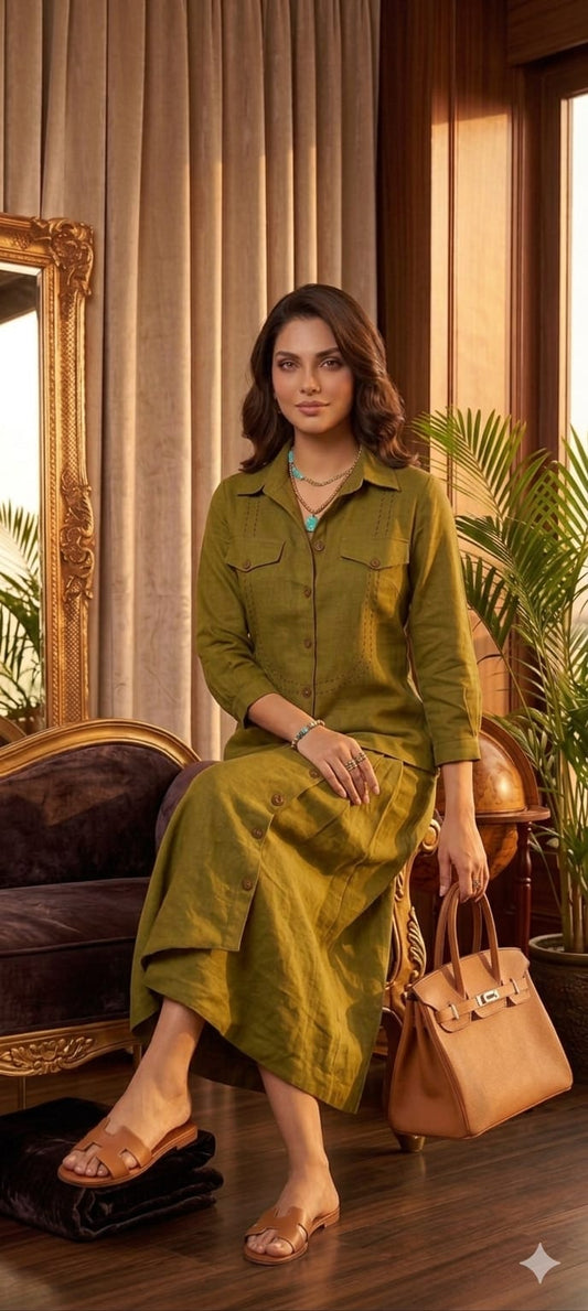 Olive green co-ord set with wooden buttons