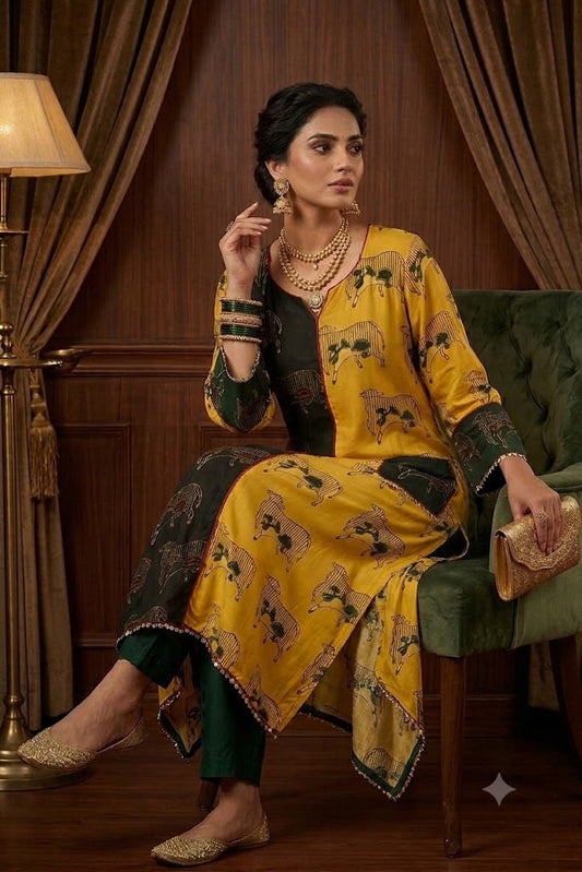 Prium quality modal silk mustard yellow & bottle green a-linish kurta and pant.