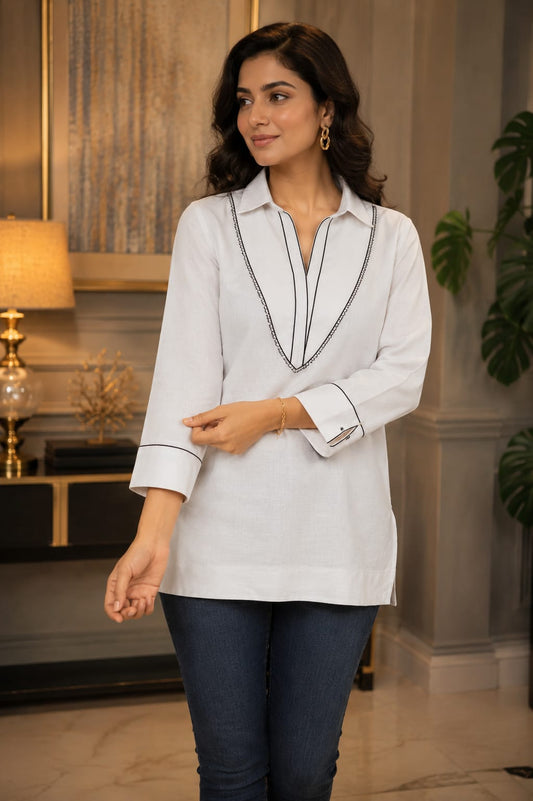 White handwoven organic linen tunic shirt.
