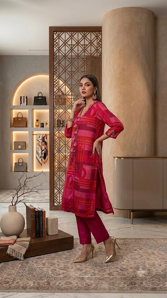 Magenta printed dupion silk hand embroidery kurti with pant