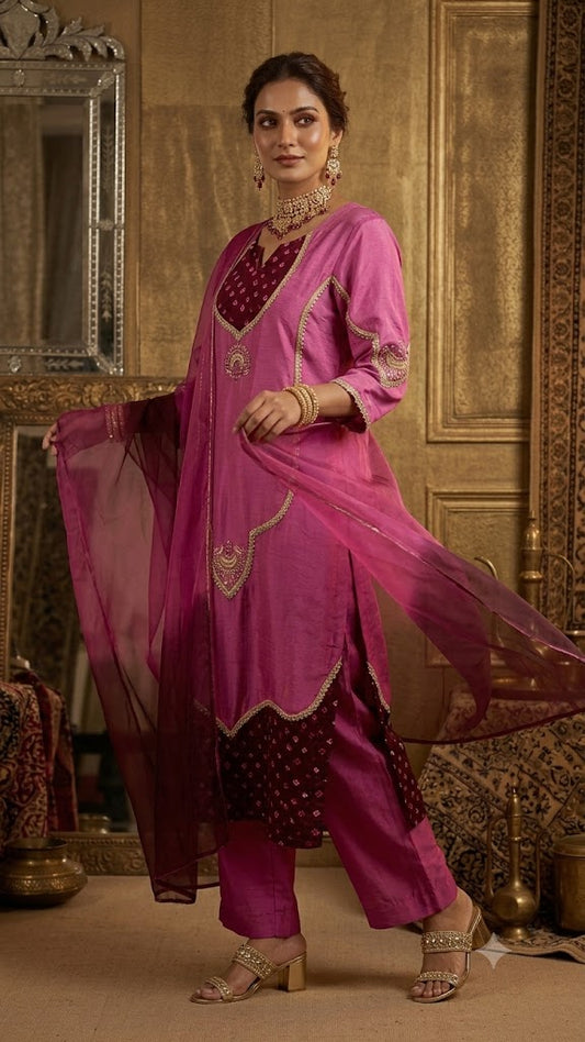 Lilac & purple Bandhani Hand Embroidery Kurti with Lilac Pant