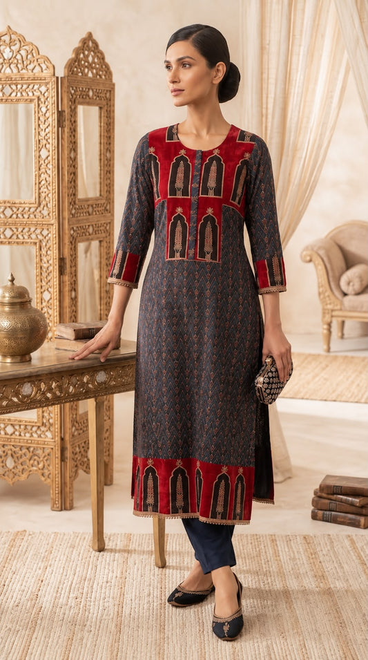 Indigo blue and maroon modal silk kurti with pant