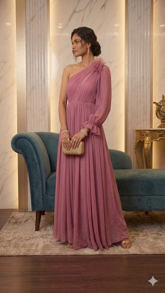 Blush pink one shoulder gown