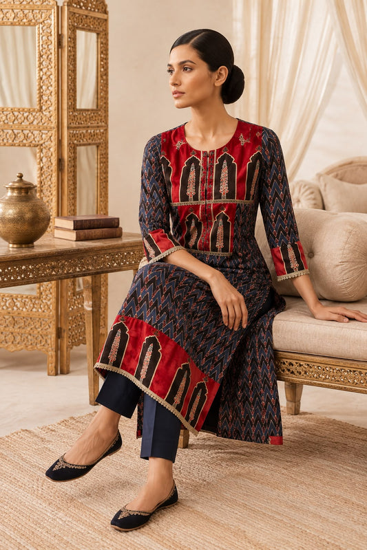Indigo blue and maroon modal silk kurti with pant