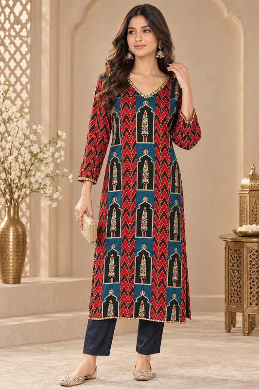 Maroon and black zigzag print kurti with matching pant