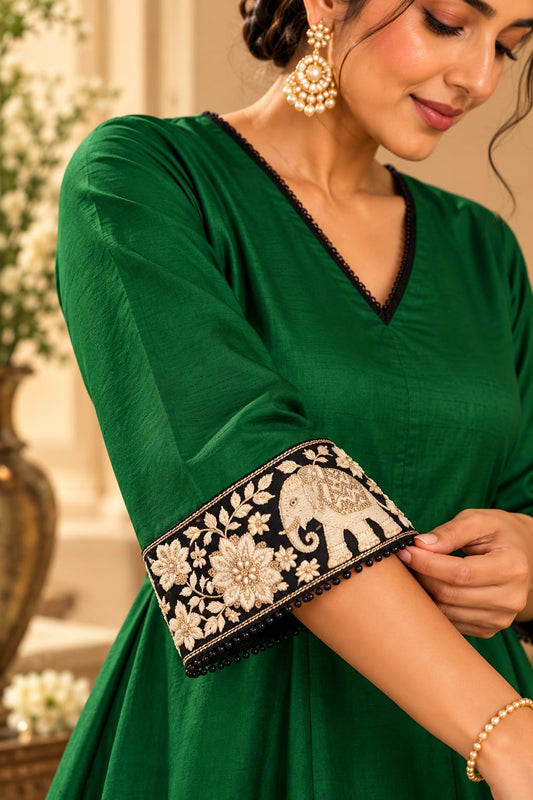 Bottle green dupion satin a line kurti with black and white stripe