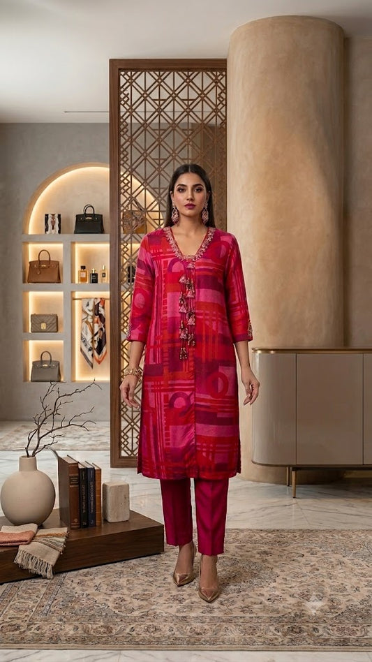 Magenta printed dupion silk hand embroidery kurti with pant
