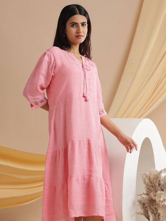 Blush pink organic hand woven linen hand embroidered midi dress
