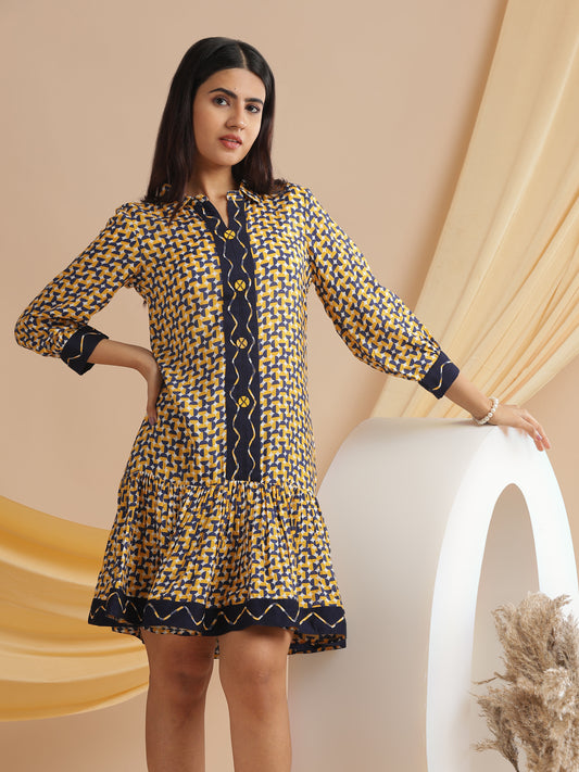 Elegance Muslin Dress in Mustard Yellow & Navy Blue