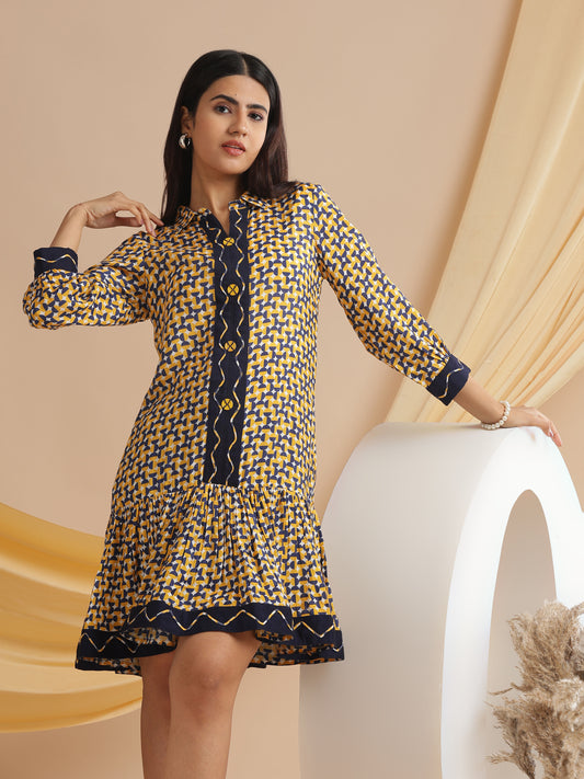 Elegance Muslin Dress in Mustard Yellow & Navy Blue