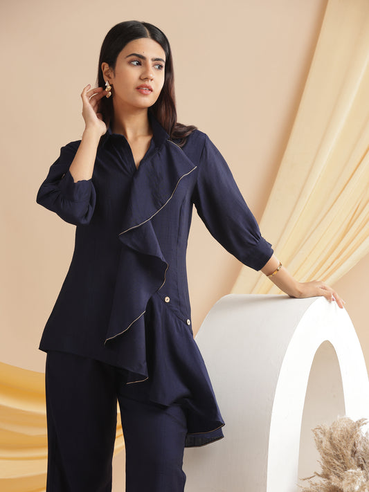Midnight Navy Blue Viscose Ruffle Co-Ord Set