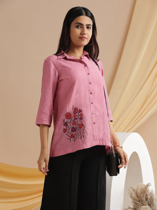 Floral Machine Embroidery Shirt in Pink Poly Viscose