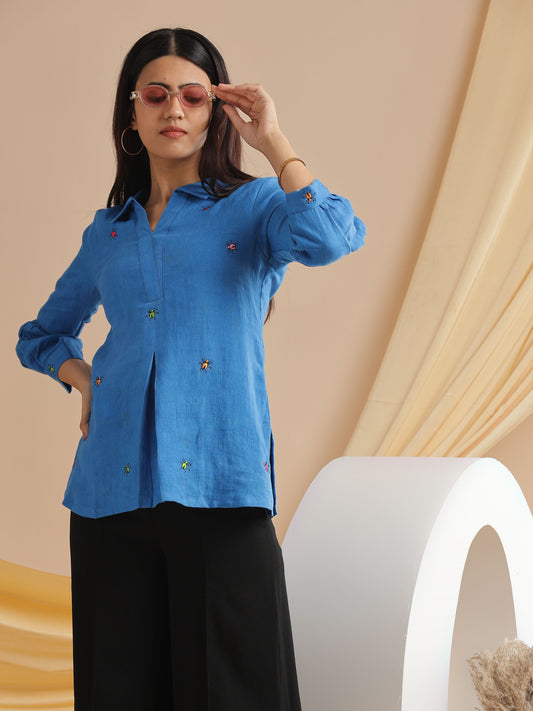 Royal Blue Organic Handwoven Linen Top with Multi Coloured Embroidery