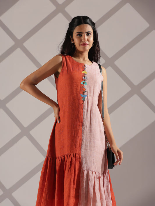Terracotta rust &she furn  colour [dual-fabric] midi dress in organic hand woven linen with hand-painted
