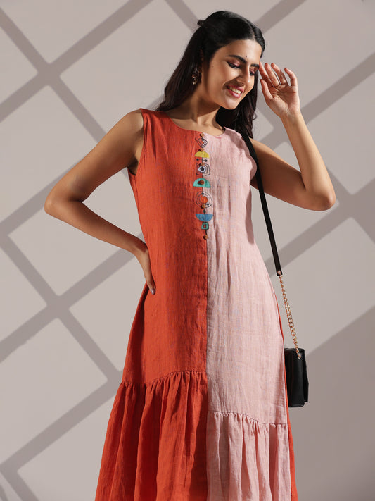 Terracotta rust &she furn  colour [dual-fabric] midi dress in organic hand woven linen with hand-painted
