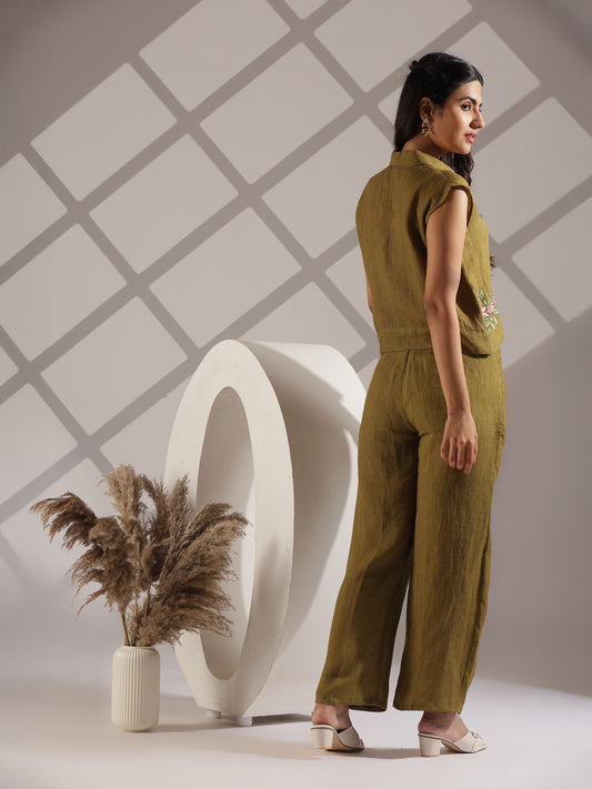 Linen hand painted co-ord set in olive green