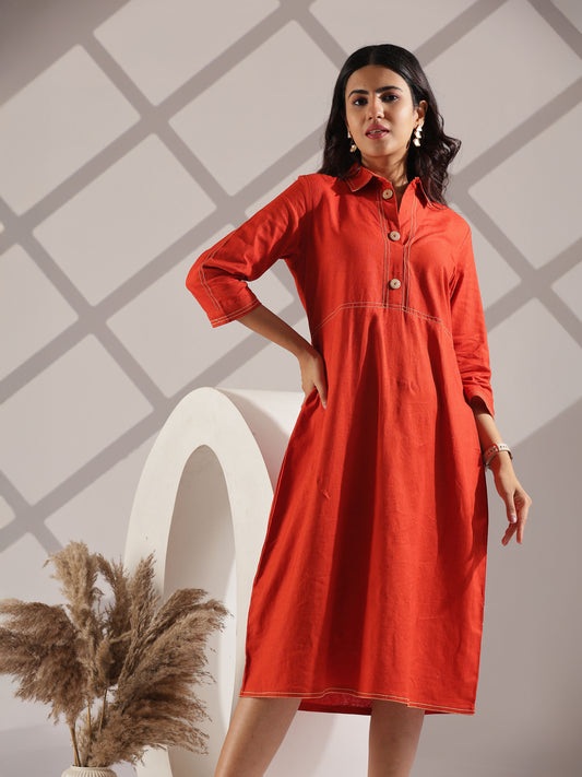 Rust Linen Dress with Machine Stitch Embroidery