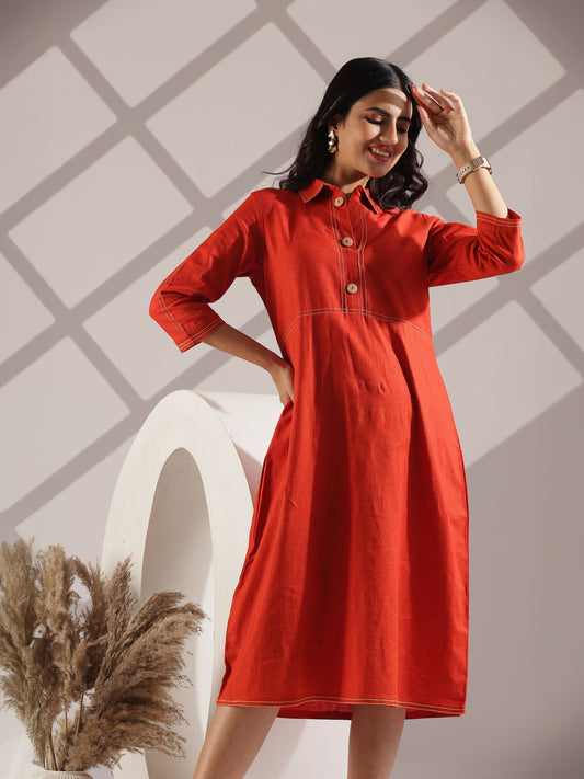 Rust Linen Dress with Machine Stitch Embroidery