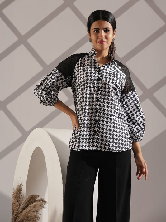 Monochrome houndstooth in black &white shirt with sheer panel poly