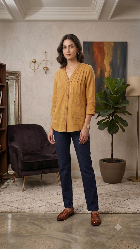 Mustard Linen Tunic Shirt with Pleats & Thread Work