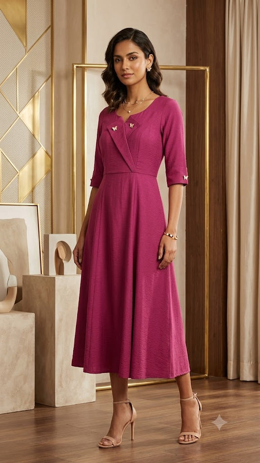 Wine Linen Viscose stretchable fabric Midi Dress with Butterfly Button Details