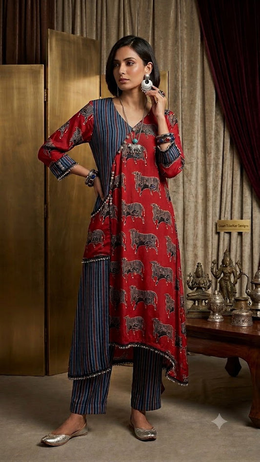 Blue & Maroon Modal Cow Print Silk Kurti with Stripe Pant