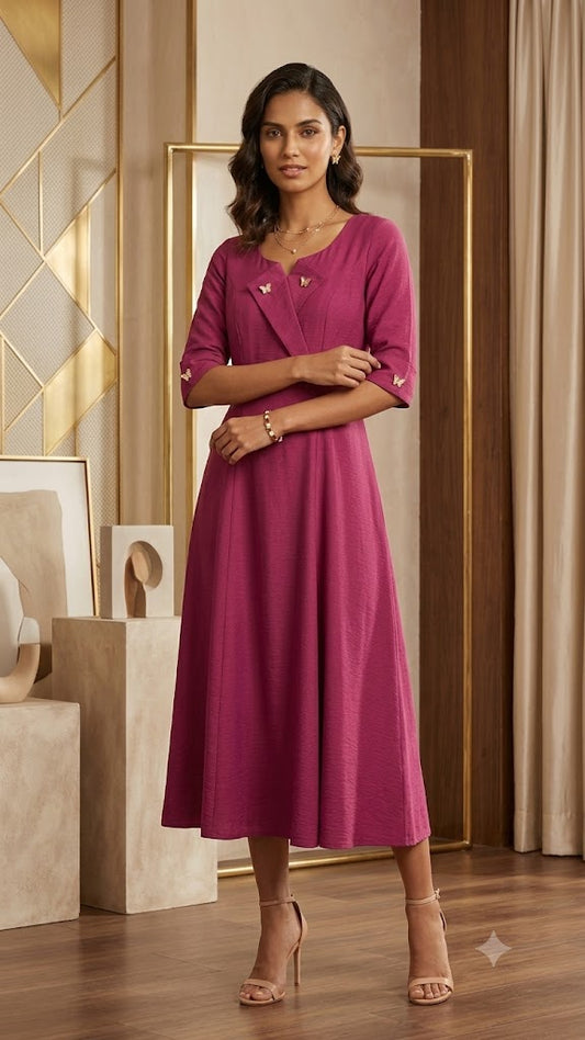 Wine Linen Viscose stretchable fabric Midi Dress with Butterfly Button Details