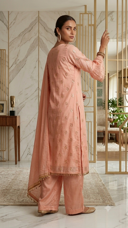 Peach foli work mal chanderi fabric kurta and pant