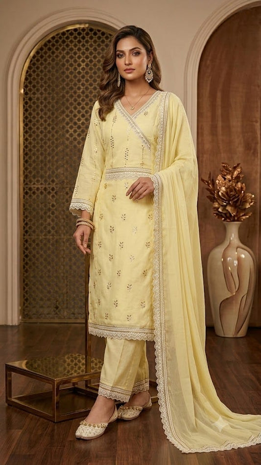 Pastel Yellow Foil Work Mal Chanderi Kurti Set