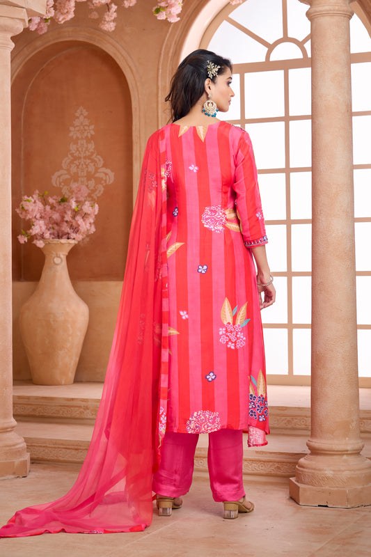 Pink floral hand-embroidered 3- piece kurta set