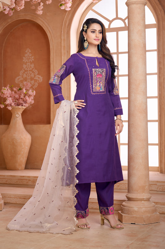 Purple patch work kurta with pant & tissue organza dupatta set
