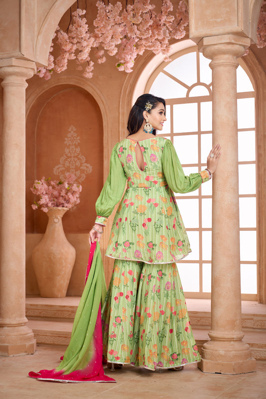 Pistachio green floral hand-beaded sharara set with dual-shade  sequinned dupatta