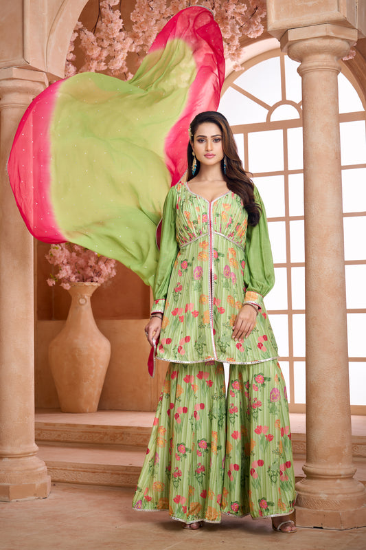 Pistachio green floral hand-beaded sharara set with dual-shade  sequinned dupatta