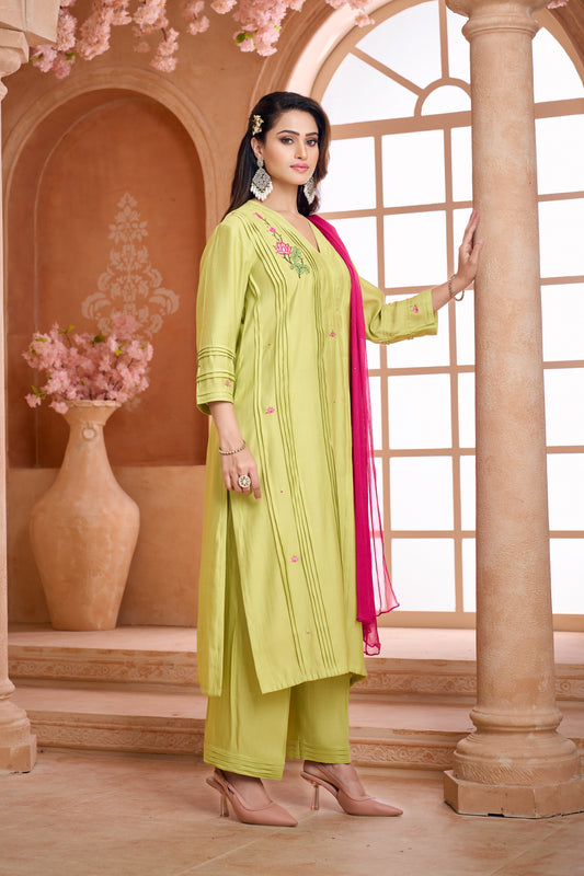 Lime green embroidered kurta set with contrast dupatta