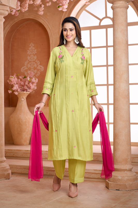 Lime green embroidered kurta set with contrast dupatta