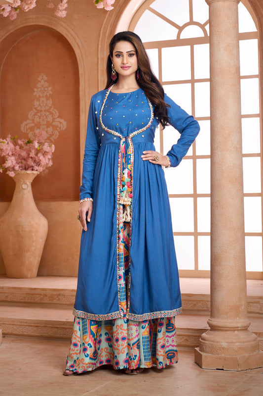 Blue cotton silk jacket with embroidered printed muslin gown
