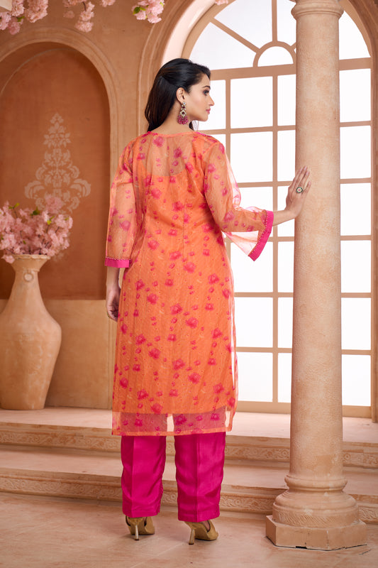 Orange & Pink embroidered 4-piece set with chiffon dupatta