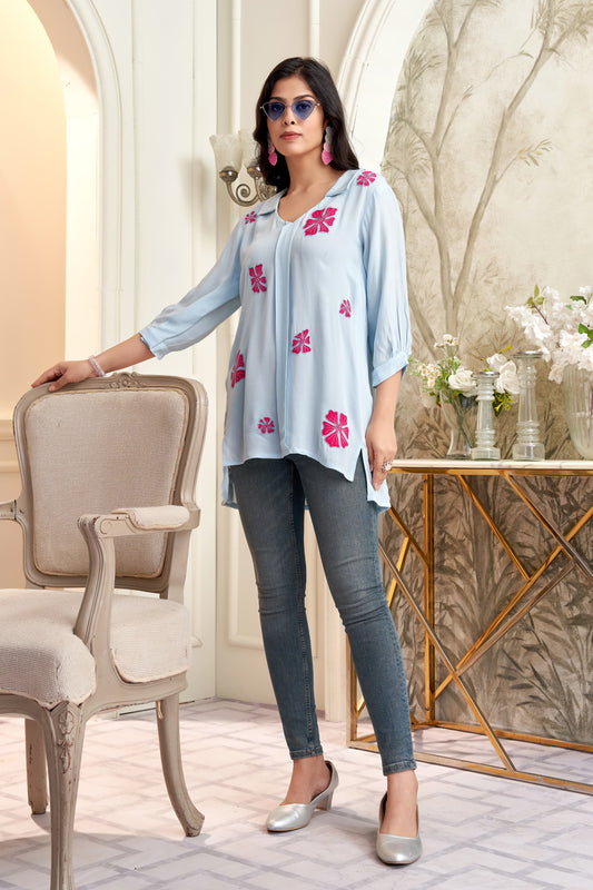 Pastel Blue in Double Georgette Embroidered Top