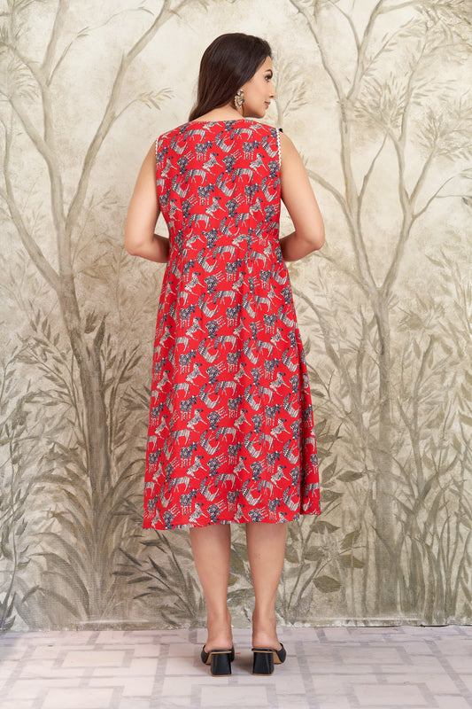 Sleeveless printed cambric cotton midi dress with lace detail