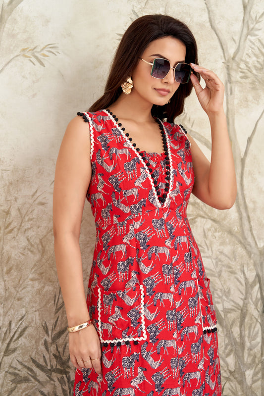 Sleeveless printed cambric cotton midi dress with lace detail