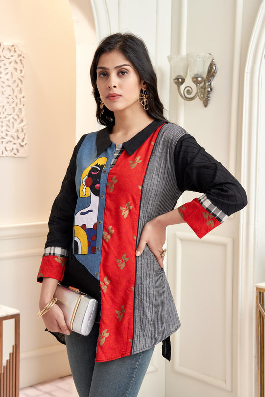 Hand-Painted Denim & Cotton Artistic Shirt