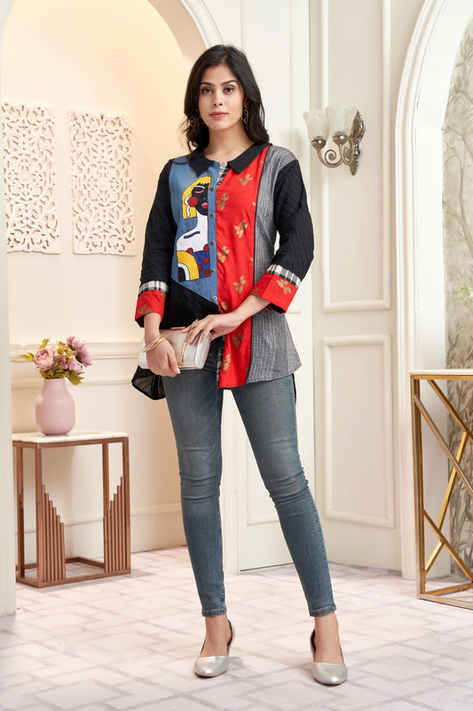 Hand-Painted Denim & Cotton Artistic Shirt