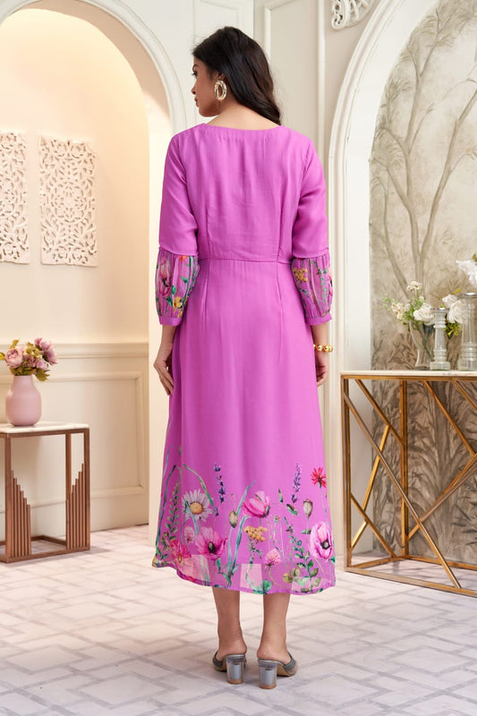 Cotton georgette flared midi dress in orchid purple with multicolour floral print
