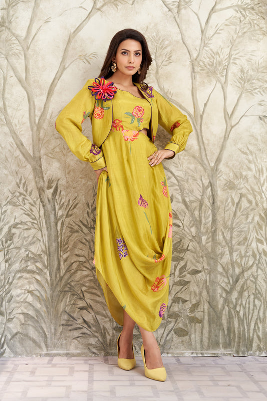 Draped Fluorescent Green Dress with 3D Flower Jacket