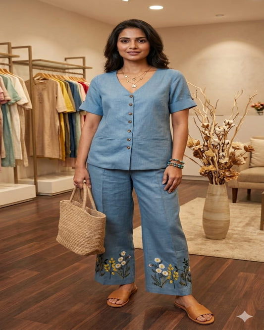 Chambray blue top pant co-ord set