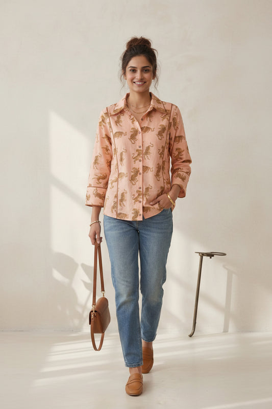 Peach tiger print cotton shirt