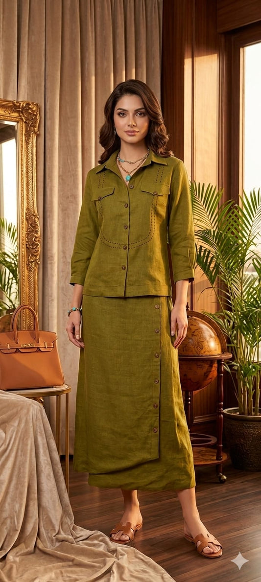Olive green co-ord set with wooden buttons