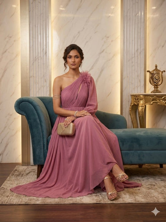 Blush pink one shoulder gown