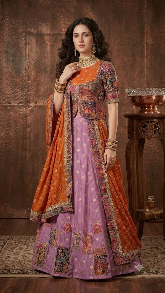 Lilac ghaghra and purple ready embroidery brocade choli with orange dupatta.